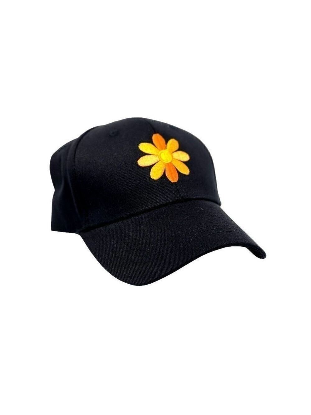 Womens Cute Fun Black baseball cap with orange embroidered flower NEW